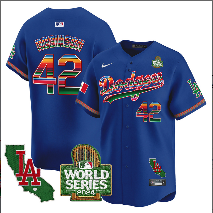 Men MLB Mexico Los Angeles Dodgers 42 Robinson blue 2024 World Series Champions Patch Jersey 20241105